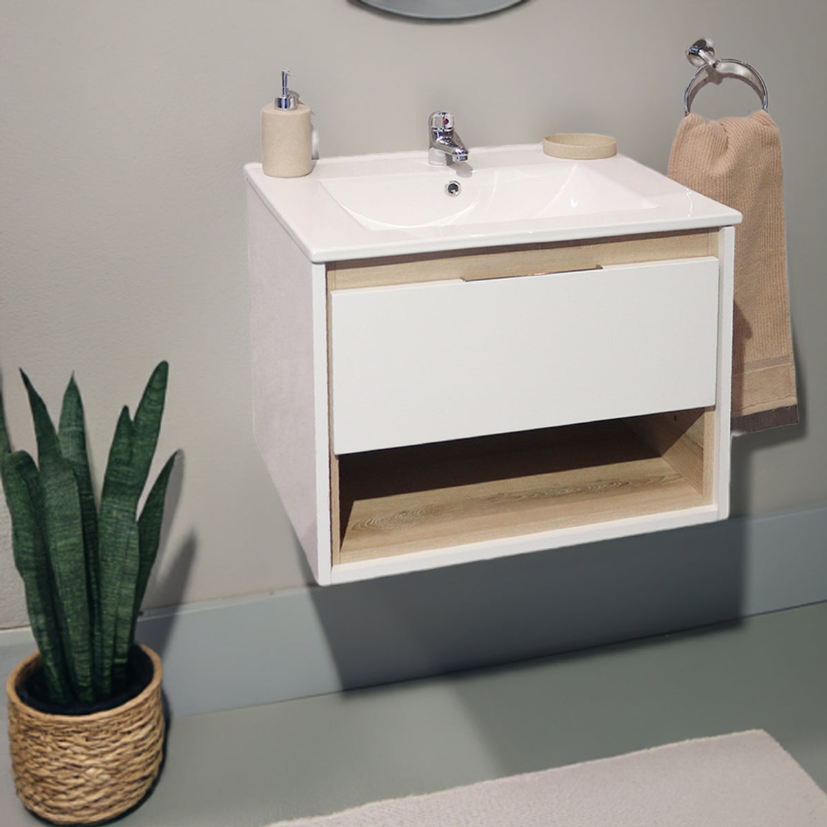 Celeste Floating Bathroom Vanity 600 | Two Tone Finish with High Gloss White Cabinet