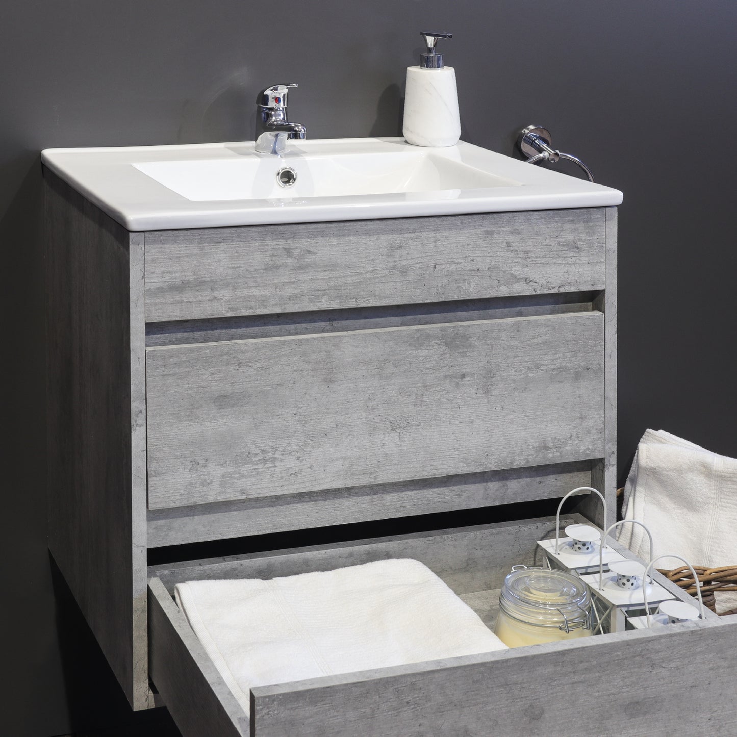 Stylo Deluxe | Dubbellaai drywende badkamer wastafelkas | Natuurlike Beton