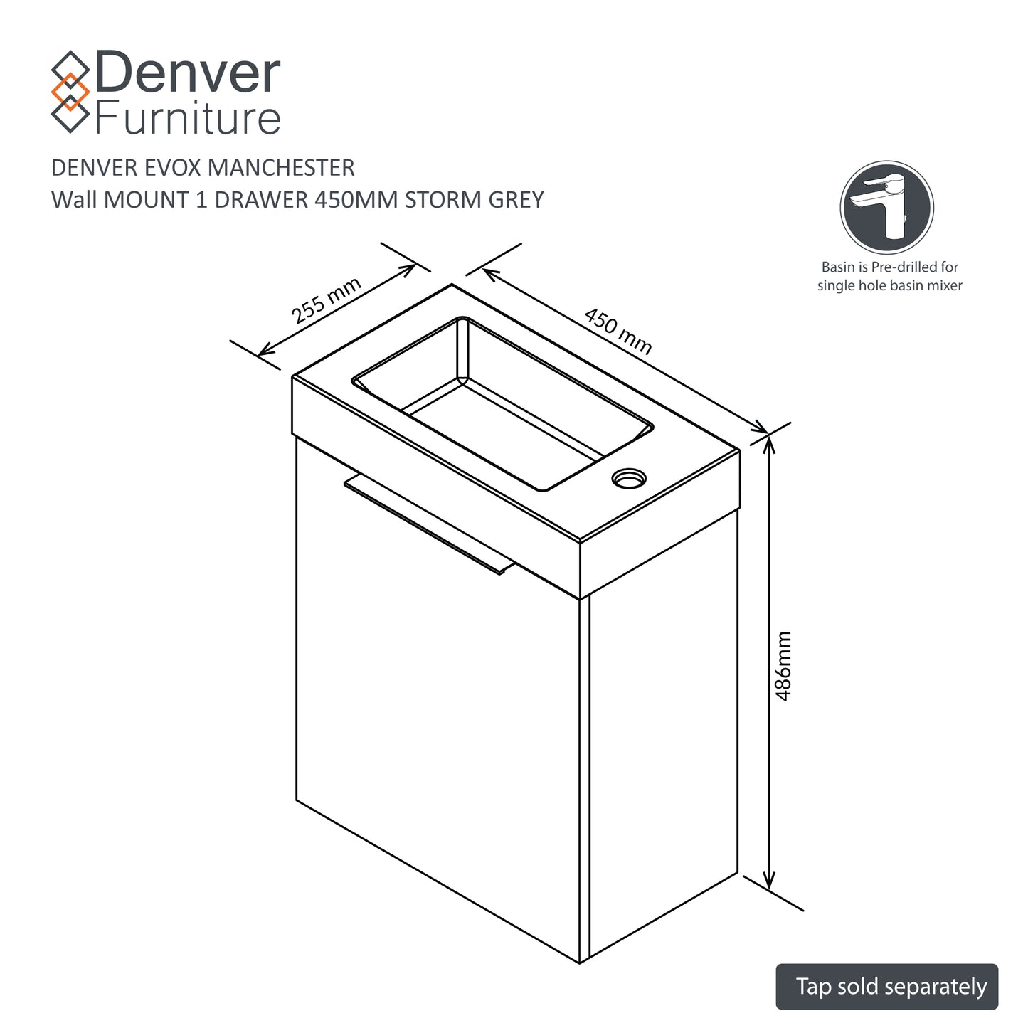 Denver  Manchester Floating Vanity | 1 Drawer | 450 | Storm Grey
