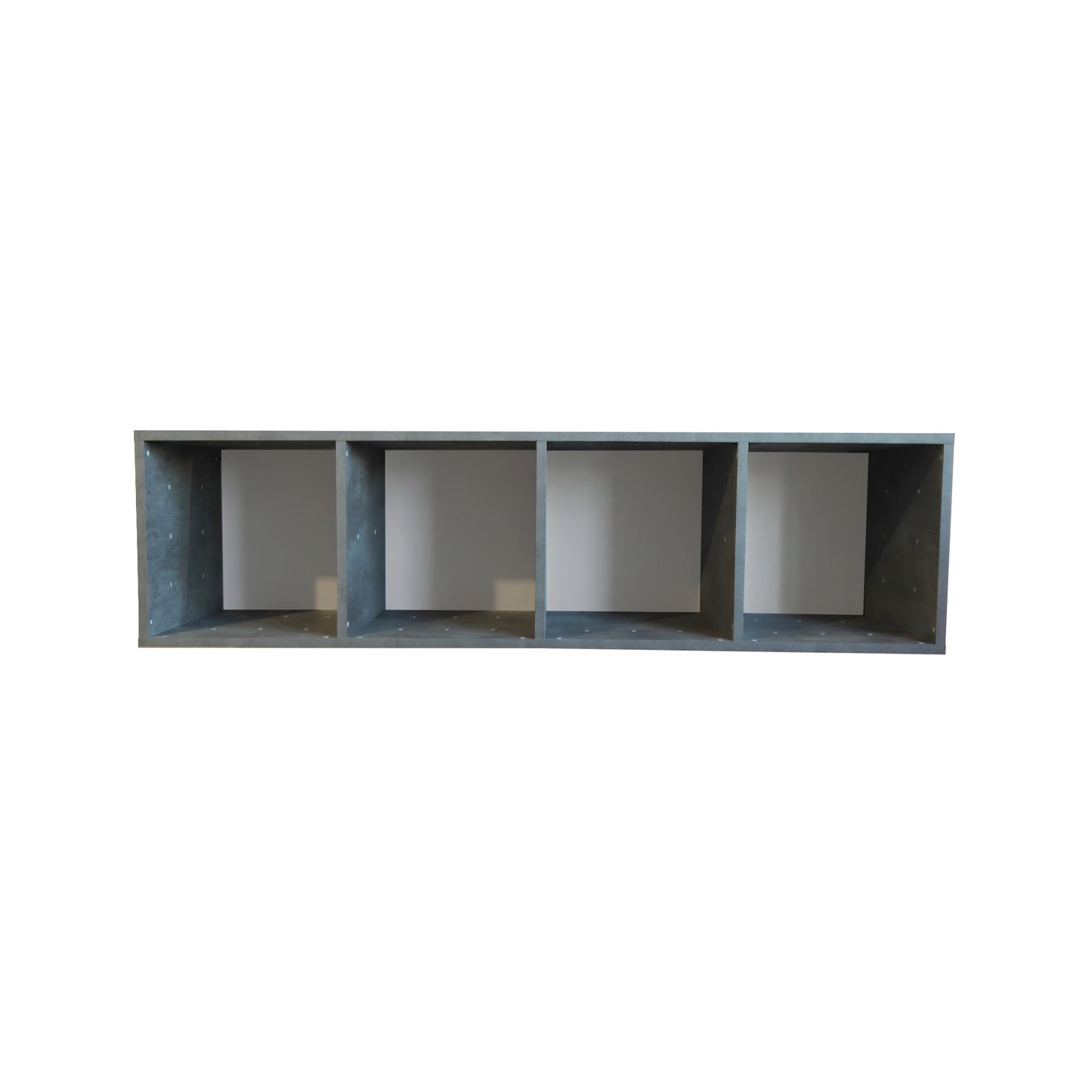 Rectangular grey shelf with four compartments on a white background.