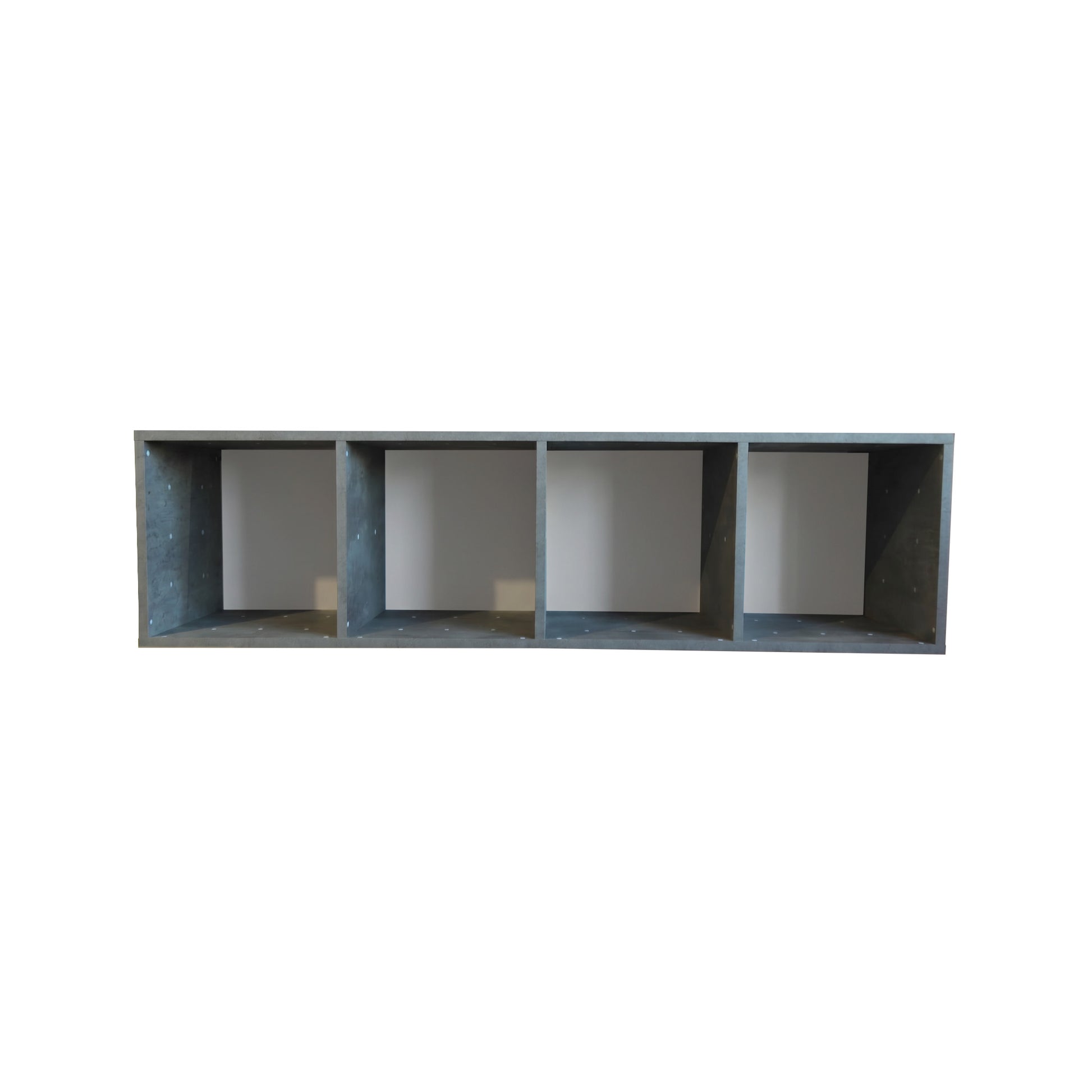 Rectangular grey shelf with four compartments on a white background.