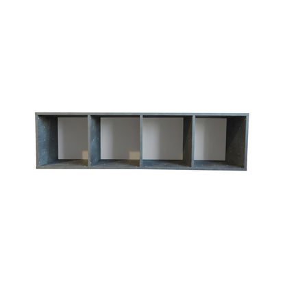 Rectangular grey shelf with four compartments on a white background.