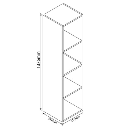 3D isometric diagram of a tall, thin grey shelf with dimensions labelled.