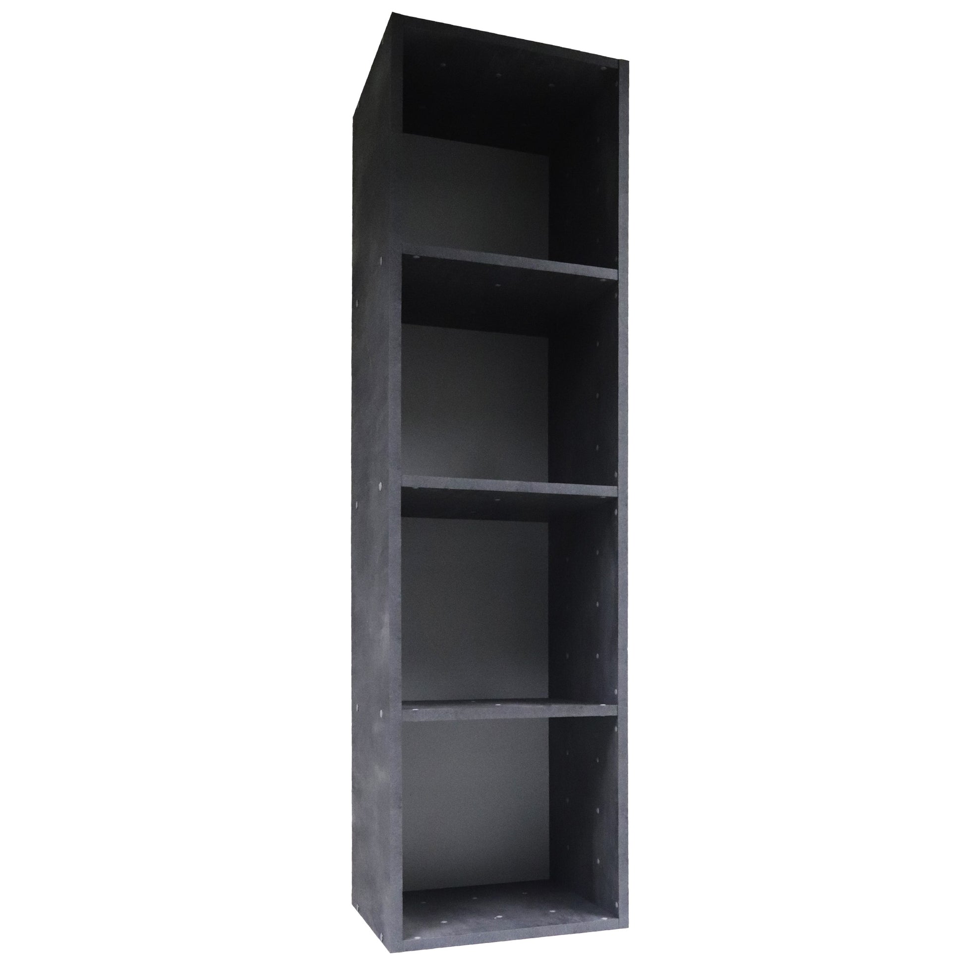 Isometric view of rectangular grey shelf with four compartments on a white background.