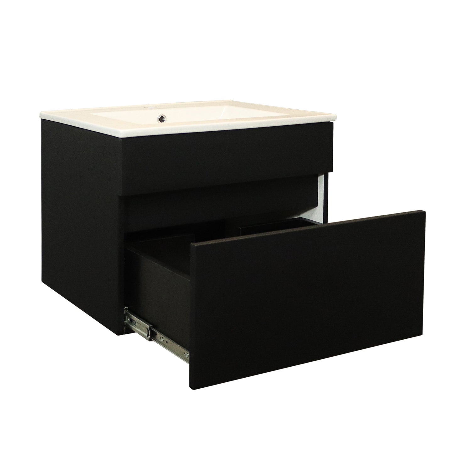 Black bathroom vanity with open drawer on a white background