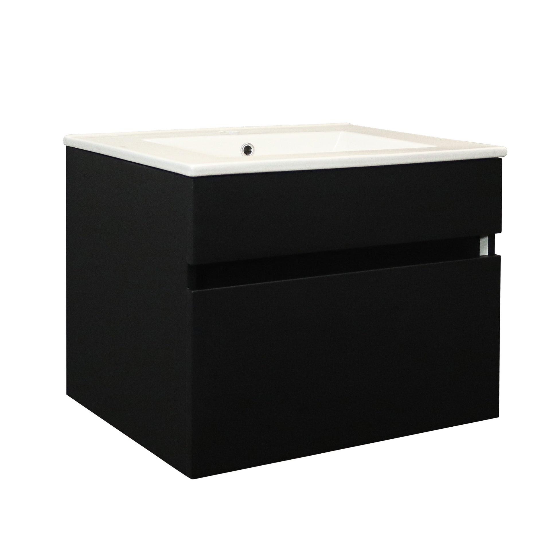 Matt black bathroom vanity with white ceramic basin on a white background