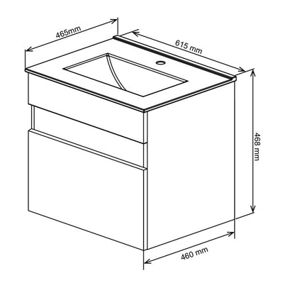 Technical drawing of a bathroom vanity unit with dimensions