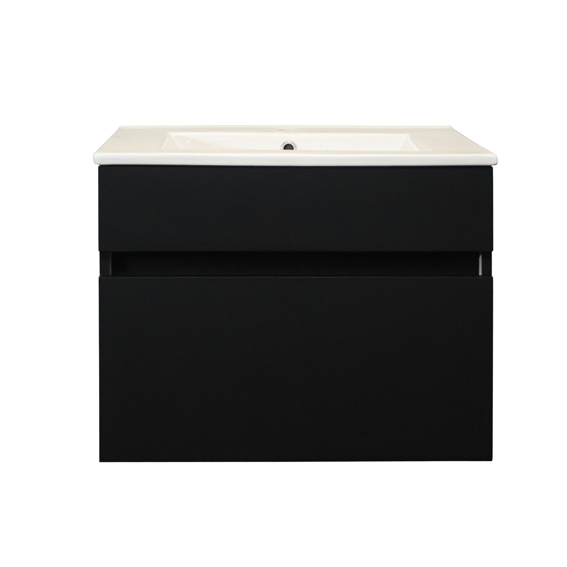 Front view of matt black bathroom vanity with white ceramic basin on a white background