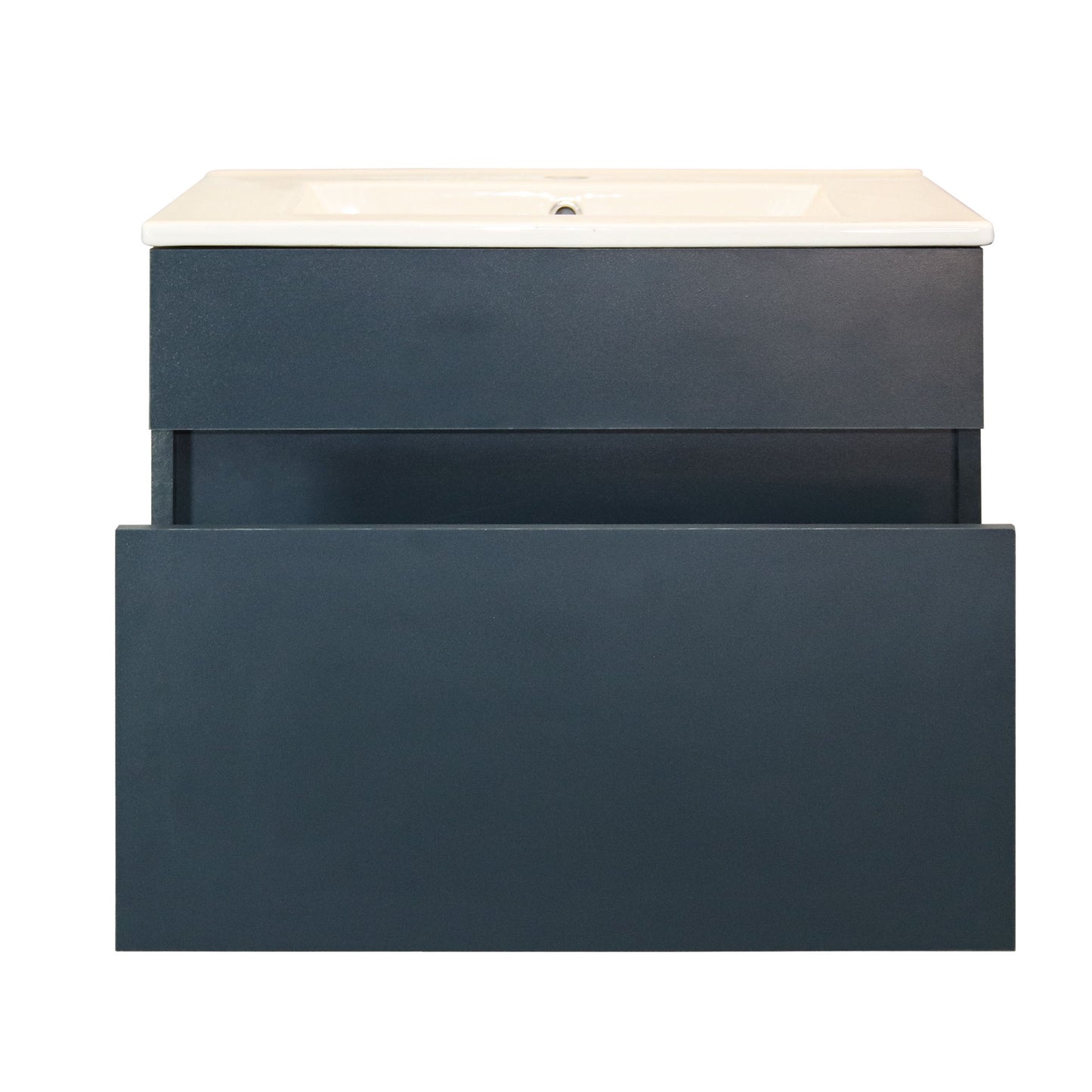 Open drawer on bathroom vanity with dark blue cabinet and white ceramic basin on a white background