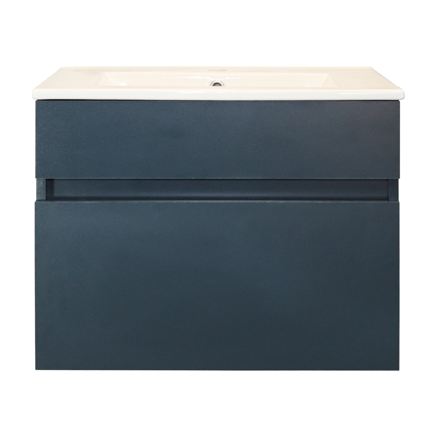 Bathroom vanity with dark blue cabinet and white ceramic basin on a white background