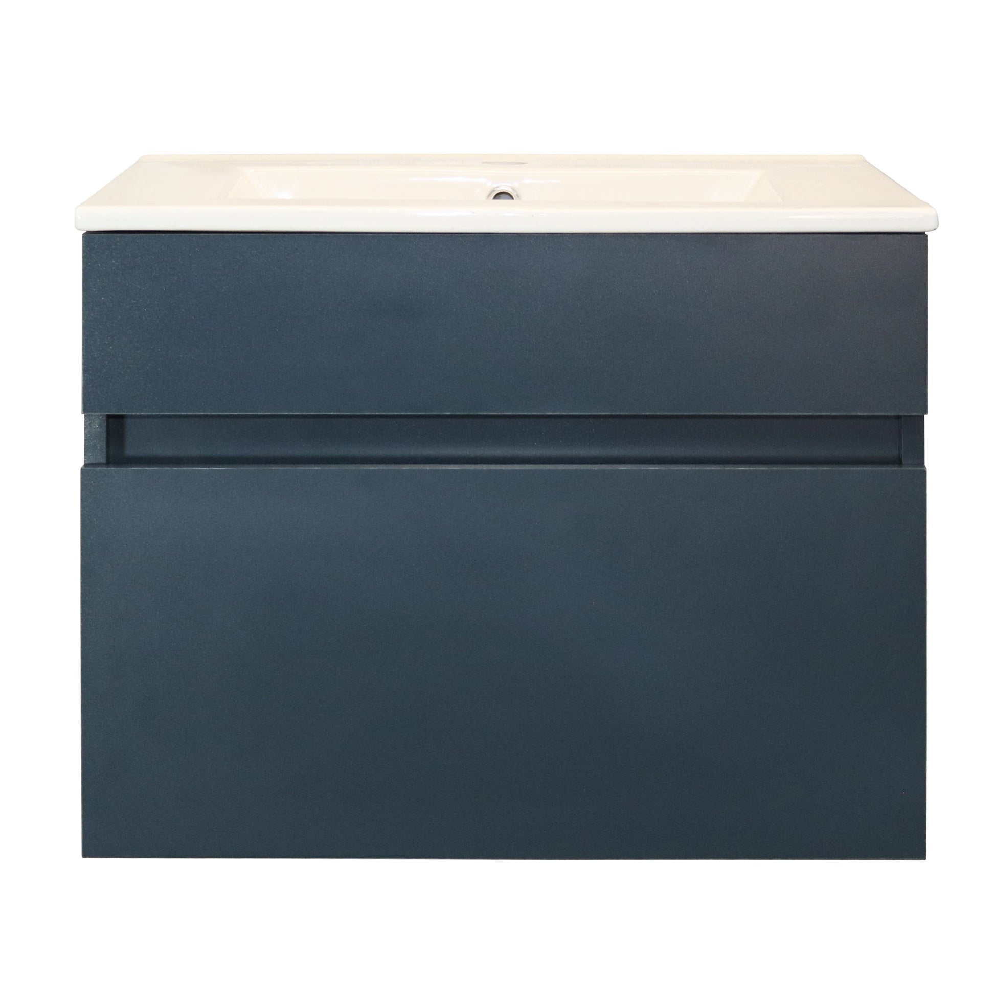 Bathroom vanity with dark blue cabinet and white ceramic basin on a white background