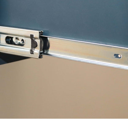 Metallic drawer slide mechanism on a cabinet door
